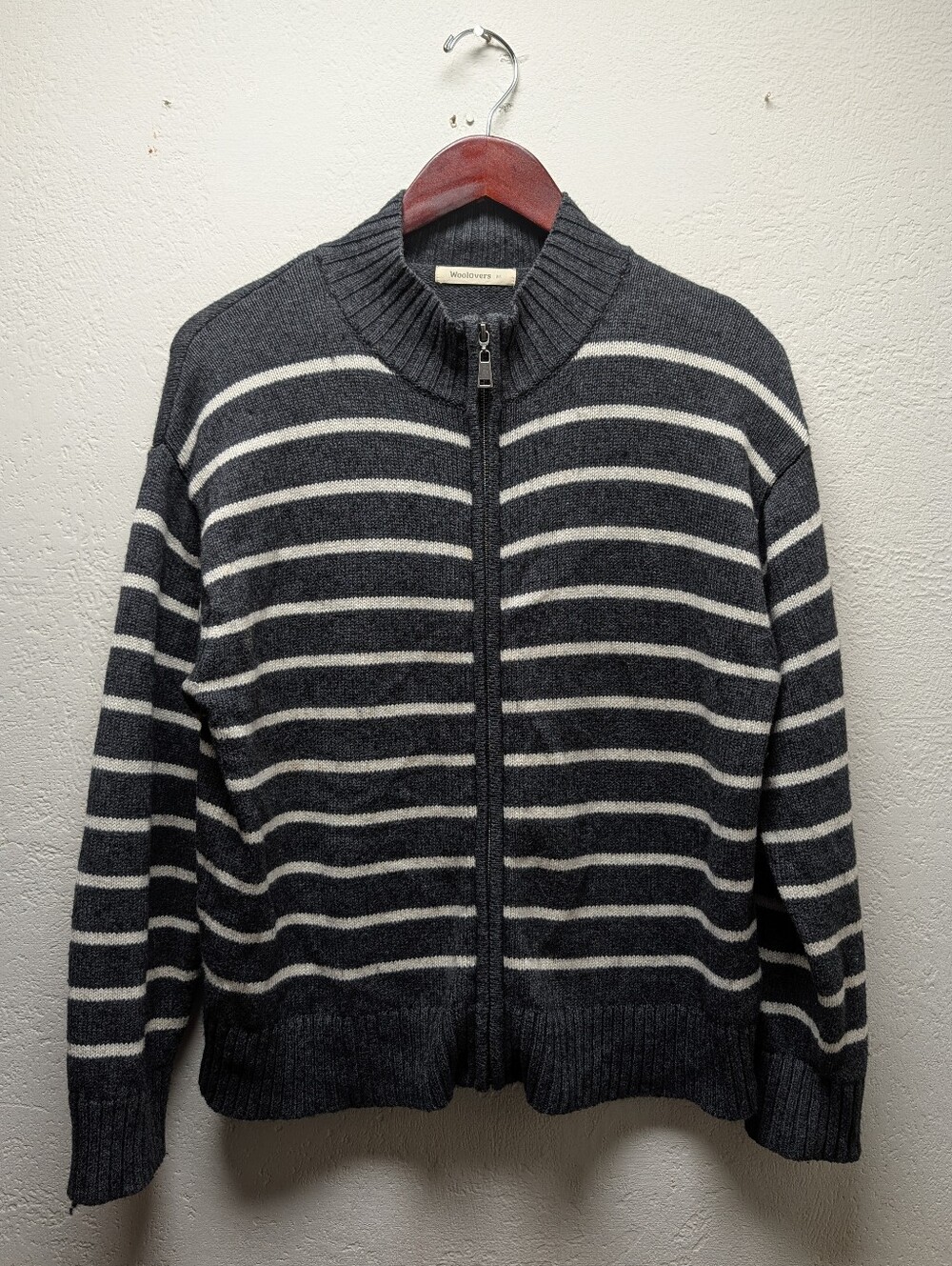 WoolOvers Breton Stripe Zip Cardigan Sweater Grey White Knit Wool Blend Medium
